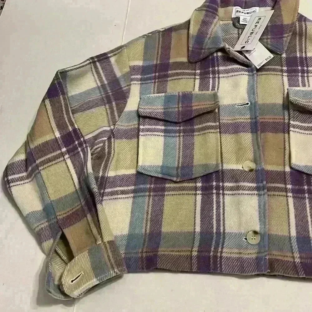 For The Republic Plaid Cropped jacket purple blue beige size medium -flannel - Picture 4 of 11